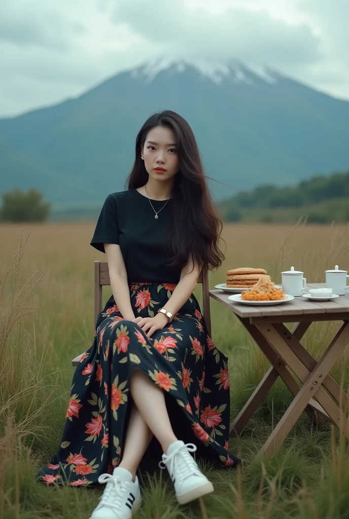cinematic professional portrait (solo), A 3 Asian woman with long hair, a curvy body, wearing a plain black t-shirt, a long black skirt with a floral pattern, white New Balance shoes, sitting on a folding chair, a folding table full of food and coffee in the background of a plain of wild grass, a mountain covered in dew, and a cloudy sky, hdr 4k, 8k