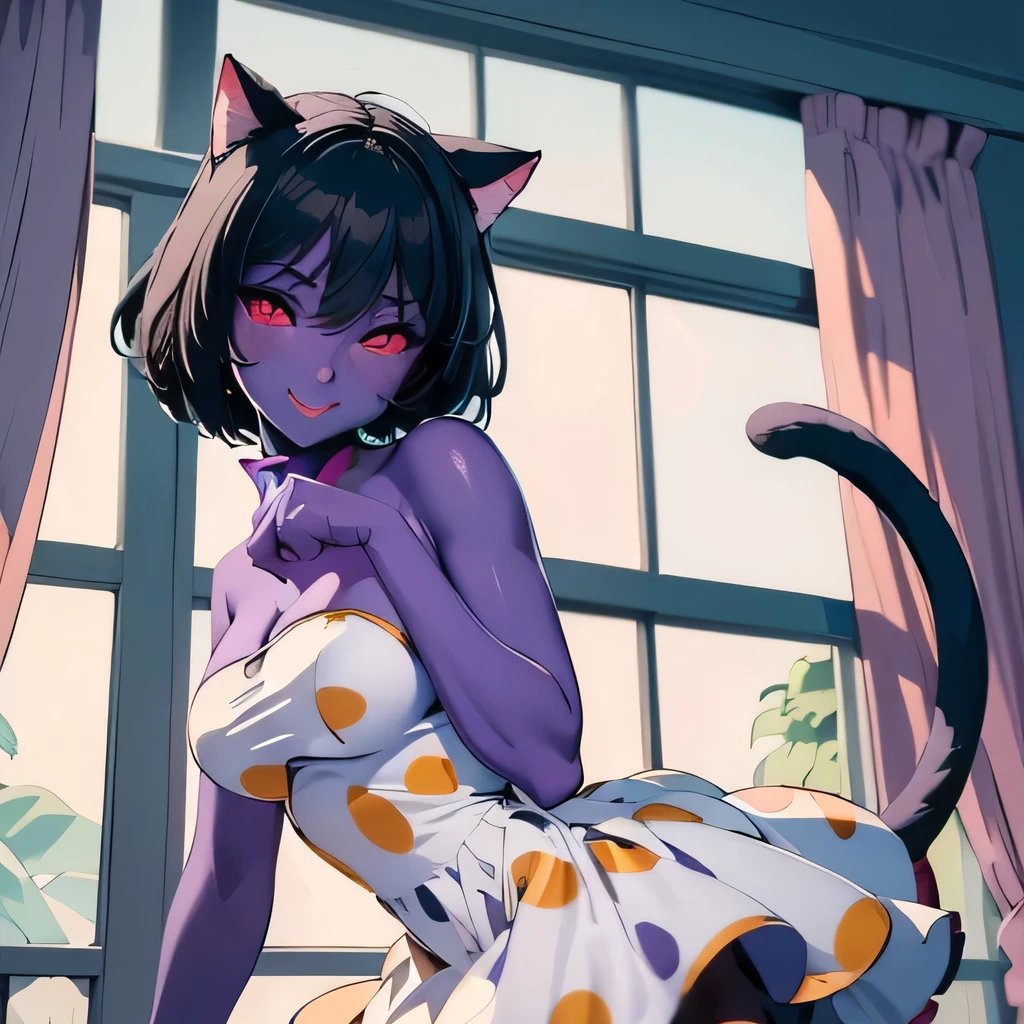  ((masterpiece,best quality,ultra-delicate,Perfect Face,16k,high resolution,very beautiful girl)), purple skin, cat ears, cat tail, 
polka dots pattern white strapless dress, polka dots pattern white tights, black short hair, red eyes,  large breasts, smile,