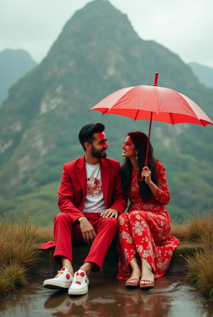 Slowly slowly rain with Ali and waniya enjoy rain with in a mountain and couple are sitting on a big mountain and Ali plug in umbrella unique red flowers design and Ali red dress coat and flowers design t shirt and waniya dress color red flowers design frock and Ali shoe's Red flowers design white and waniya shoe's Red flowers design is white and couple smiling faces in prompts generate 