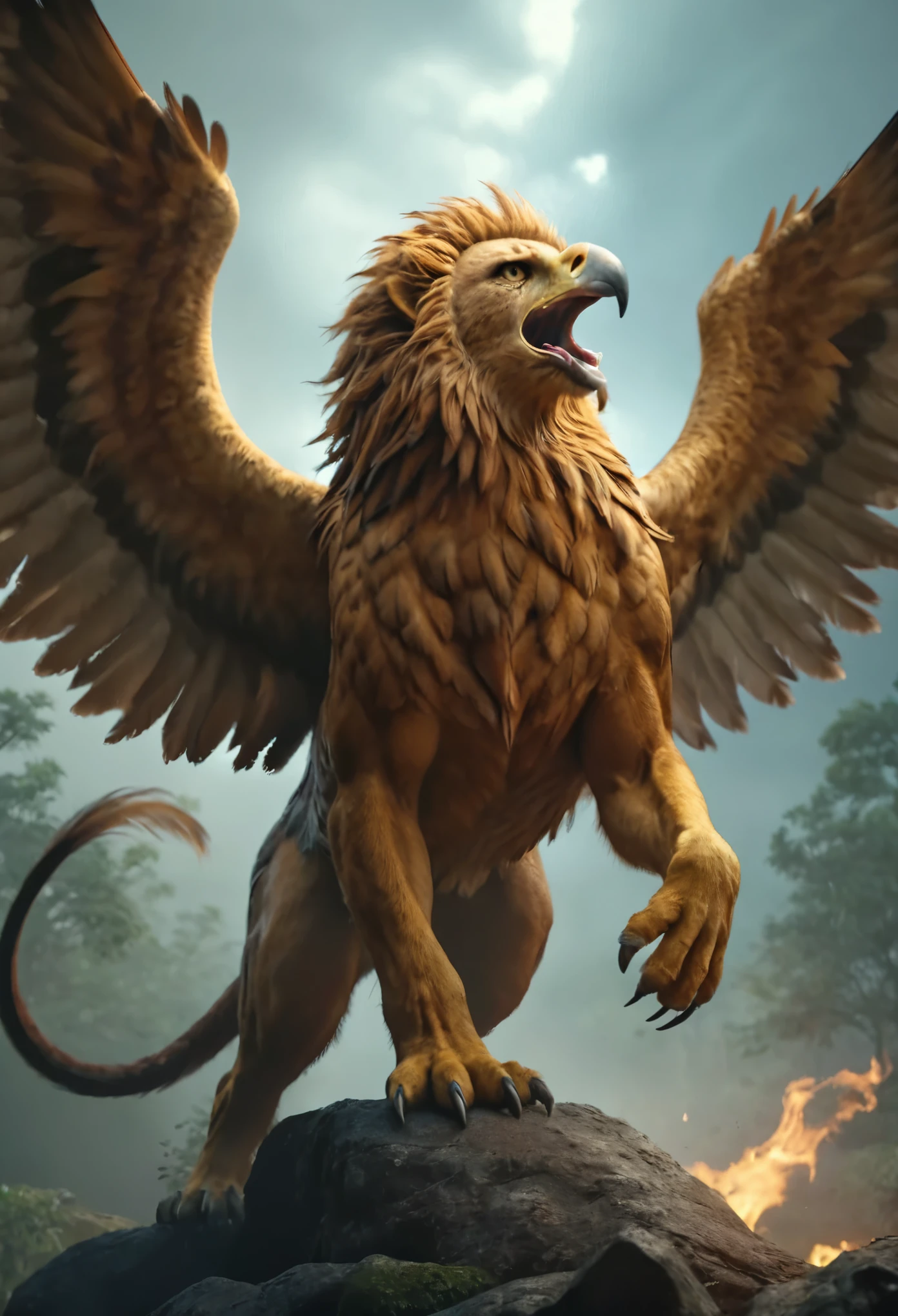 ((a creature with eagle head)) wings and lion body. griffin, chiaroscuro, cinematic lighting, motion blur, atmospheric perspective, UHD, masterpiece, super detail, high details, high quality, best quality, highres, 8k