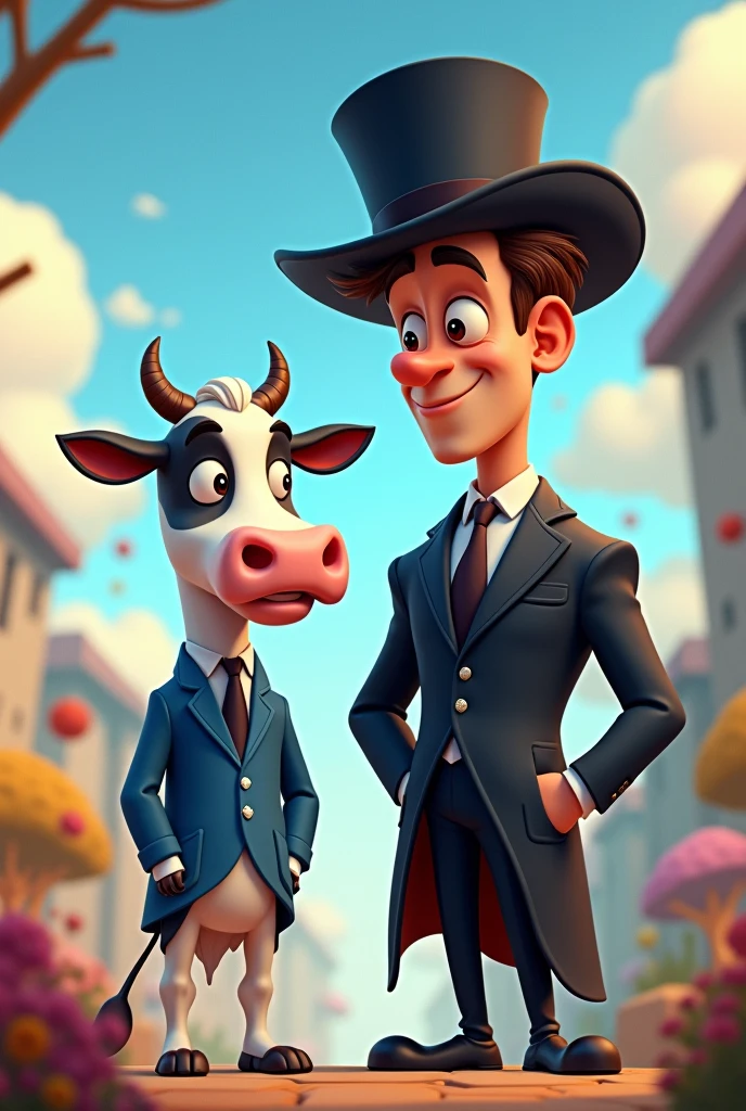 Make me an animated picture, a man wearing a black hat a picture of a cow, in a blue and white uniform 