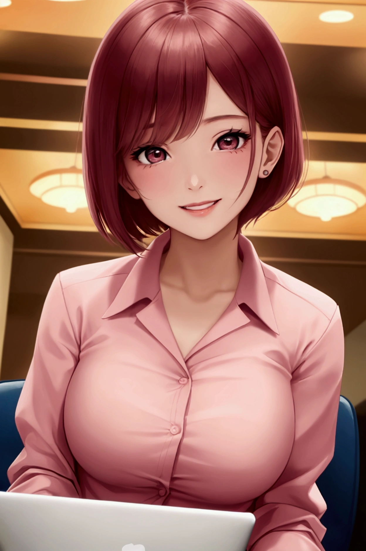 "A close-up, manga-style illustration of a girl in an office lady suit with a pink, very short haircut, laughing while using a laptop at a bar at night. The image should focus on her upper body, particularly from her chest to her face. The art should be of the highest quality, masterpiece level, with a very aesthetic and beautiful appearance."