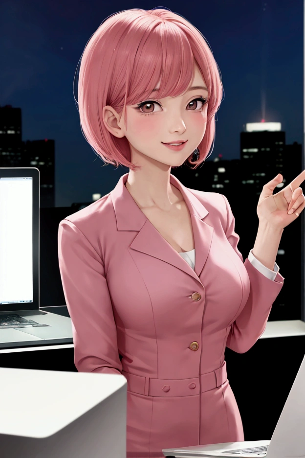 "A close-up, manga-style illustration of a girl in an office lady suit with a pink, very short haircut, laughing while using a laptop at a bar at night. The image should focus on her upper body, particularly from her chest to her face. The art should be of the highest quality, masterpiece level, with a very aesthetic and beautiful appearance."