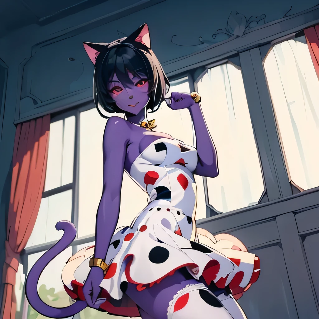  ((masterpiece,best quality,ultra-delicate,Perfect Face,16k,high resolution,very beautiful girl)), purple skin, cat ears, cat tail, 
polka dots pattern white strapless dress, polka dots pattern white tights, black short hair, red eyes,  large breasts, smile,