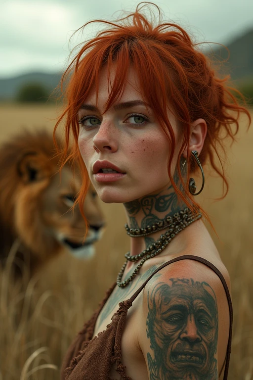 very detailed, 16K high resolution, incredibly detailed image, cinematic, best quality, masterpiece, realistic, detailed face, detailed background, mystical, dramatic lighting, A girl, 2, she is alone, beautiful, natural red hair, straggly and messy wavy hair. Extremely detailed facial expressions with sharp and piercing green eyes. A delicate, slightly cheeky face, subtly made up. ((She is tattooed and pierced, large tubes in her ears.)), She has (very small breasts) and a slim figure, in good shape. Her height is about 1.70 meters. Her outfit is similar to Jinx's outfit from the series Arcane. She is on safari in Africa and a few lions can be seen in the background.