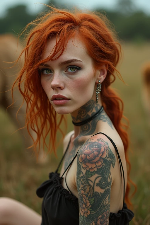 very detailed, 16K high resolution, incredibly detailed image, cinematic, best quality, masterpiece, realistic, detailed face, detailed background, mystical, dramatic lighting, A girl, 2, she is alone, beautiful, natural red hair, straggly and messy wavy hair. Extremely detailed facial expressions with sharp and piercing green eyes. A delicate, slightly cheeky face, subtly made up. ((She is tattooed and pierced, large tubes in her ears.)), She has (very small breasts) and a slim figure, in good shape. Her height is about 1.70 meters. Her outfit is similar to Jinx's outfit from the series Arcane. She is on safari in Africa and a few lions can be seen in the background.