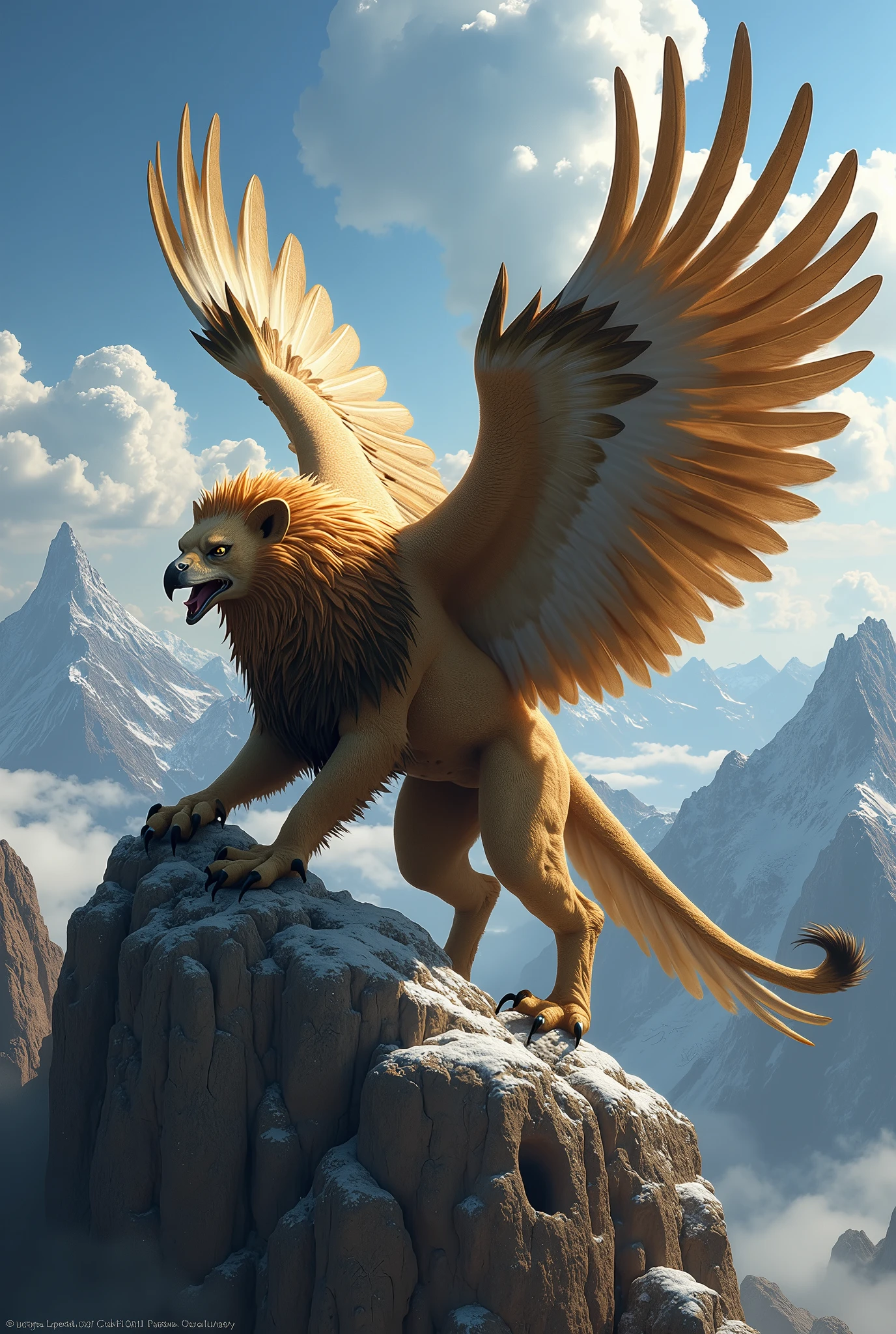 "Imagine a majestic griffin soaring high above a rugged, windswept landscape, its powerful wings beating rhythmically as it glides through the sky. The griffin is a powerful and awe-inspiring creature, a mythical fusion of a lion and an eagle. Its front half is that of a massive eagle, with a proud, sharp-beaked head and piercing, golden eyes that reflect both intelligence and ferocity. The griffin's head is crowned with a tuft of regal feathers, and its curved beak is strong, capable of crushing bones with ease. Its broad, expansive wings are covered in feathers that shimmer in shades of gold and brown, catching the sunlight as they carry the creature effortlessly through the air.

The back half of the griffin is that of a mighty lion, with a muscular, sinewy body covered in sleek, tawny fur. Its strong legs are tucked beneath it as it flies, ending in sharp, retractable claws ready to strike. The griffin's tail is long and sinuous, trailing behind it as it navigates the currents of the wind with grace and power. Every inch of the griffin exudes majesty, embodying the perfect balance between the king of the skies and the king of the beasts.

The griffin's expression is one of unwavering vigilance, its sharp eyes scanning the vast horizon below for any signs of danger or prey. The air around it is filled with the sound of wind rushing past as it soars, the sky above a deep, cloudless blue. Below, a vast, untamed landscape stretches out—snow-capped peaks, dense forests, and rolling plains—its kingdom as far as the eye can see, all under the watchful gaze of this legendary guardian."