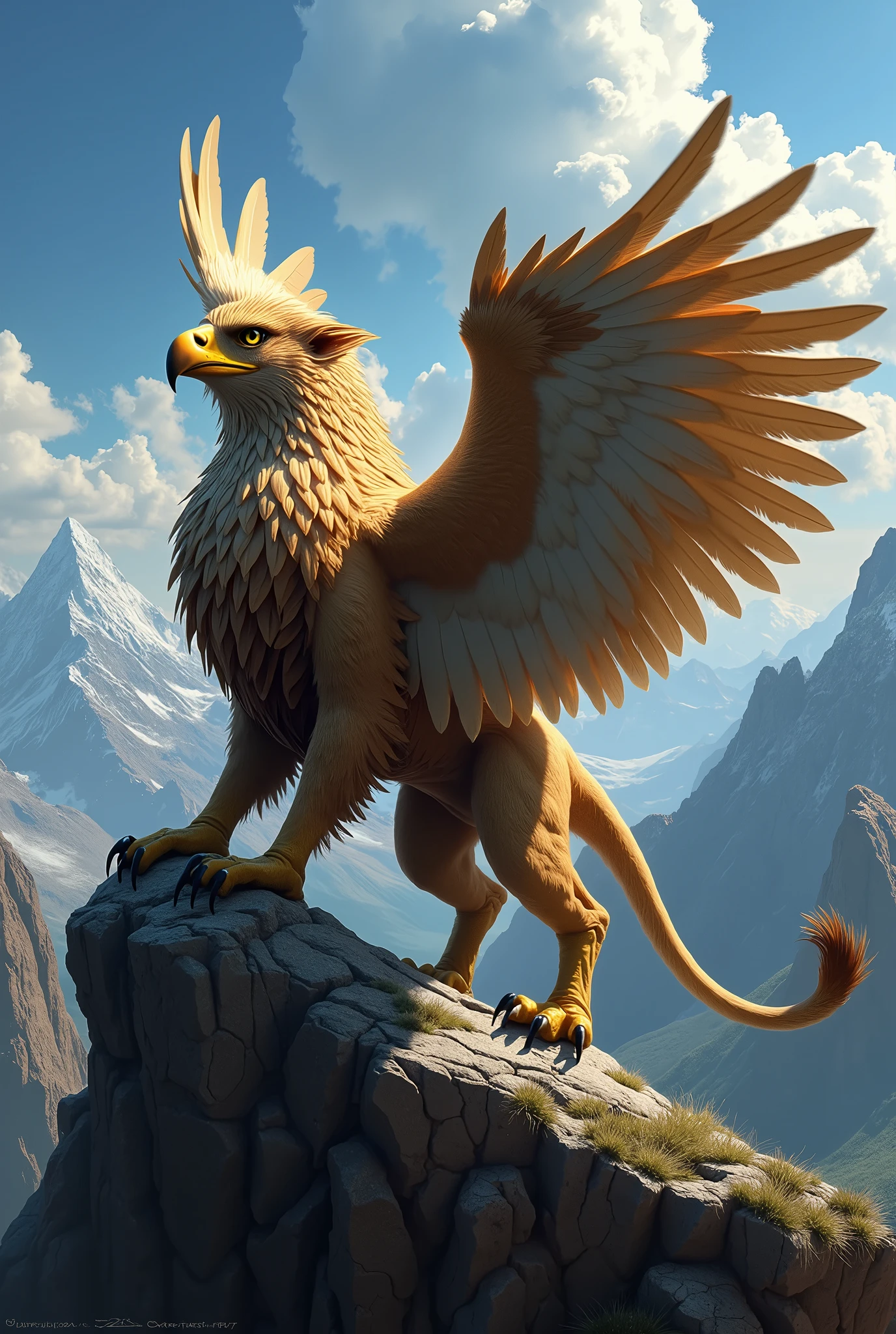 "Imagine a majestic griffin soaring high above a rugged, windswept landscape, its powerful wings beating rhythmically as it glides through the sky. The griffin is a powerful and awe-inspiring creature, a mythical fusion of a lion and an eagle. Its front half is that of a massive eagle, with a proud, sharp-beaked head and piercing, golden eyes that reflect both intelligence and ferocity. The griffin's head is crowned with a tuft of regal feathers, and its curved beak is strong, capable of crushing bones with ease. Its broad, expansive wings are covered in feathers that shimmer in shades of gold and brown, catching the sunlight as they carry the creature effortlessly through the air.
The back half of the griffin is that of a mighty lion, with a muscular, sinewy body covered in sleek, tawny fur. Its strong legs are tucked beneath it as it flies, ending in sharp, retractable claws ready to strike. The griffin's tail is long and sinuous, trailing behind it as it navigates the currents of the wind with grace and power. Every inch of the griffin exudes majesty, embodying the perfect balance between the king of the skies and the king of the beasts.
The griffin's expression is one of unwavering vigilance, its sharp eyes scanning the vast horizon below for any signs of danger or prey. The air around it is filled with the sound of wind rushing past as it soars, the sky above a deep, cloudless blue. Below, a vast, untamed landscape stretches out—snow-capped peaks, dense forests, and rolling plains—its kingdom as far as the eye can see, all under the watchful gaze of this legendary guardian."