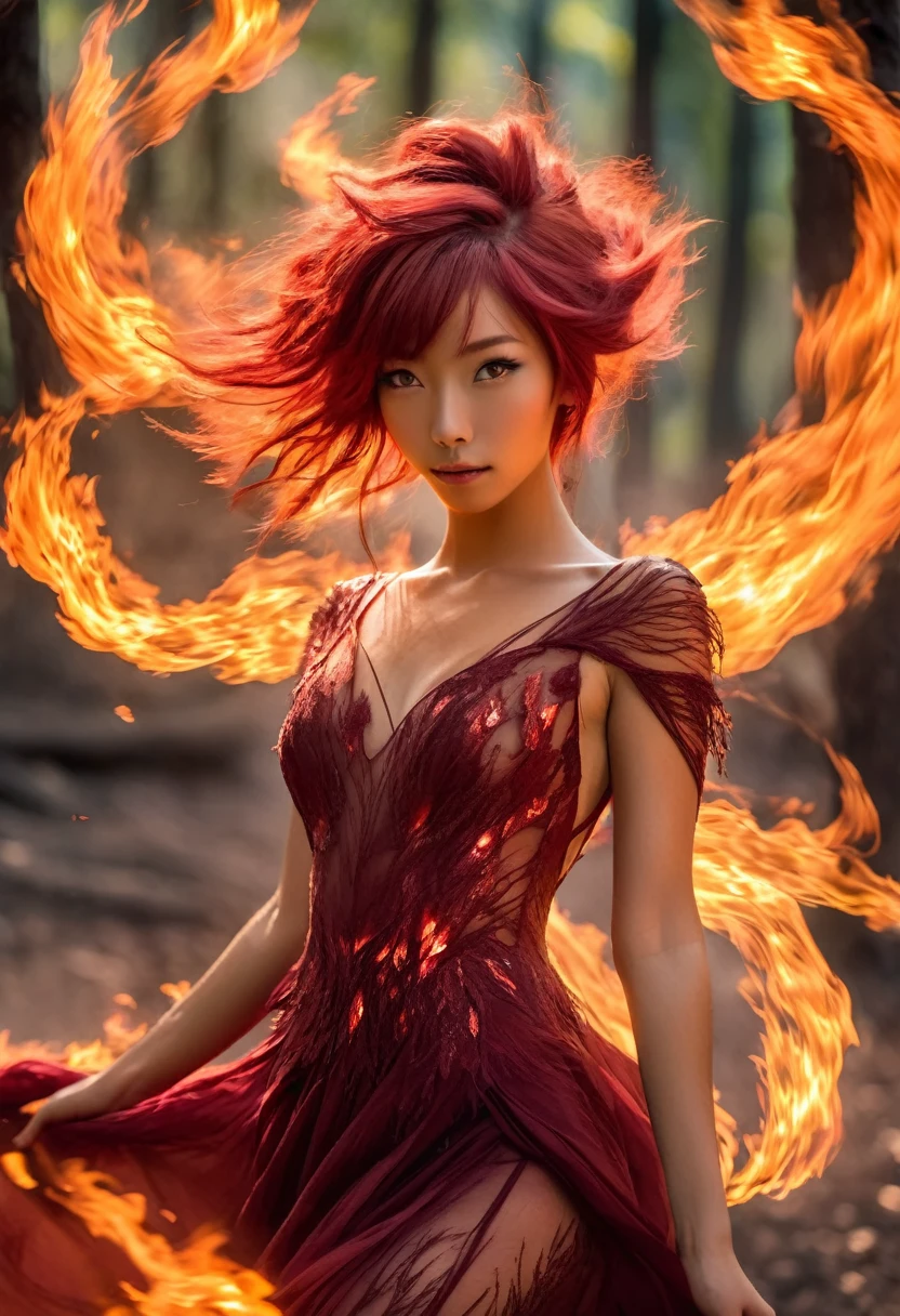 A fire sprite (yuna, cute woman, patches of flame dance on her skin, sheer flaming dress very revealing, light red skin, deep red eyes, flame hair), seductive graceful dance, setting woods aflame
