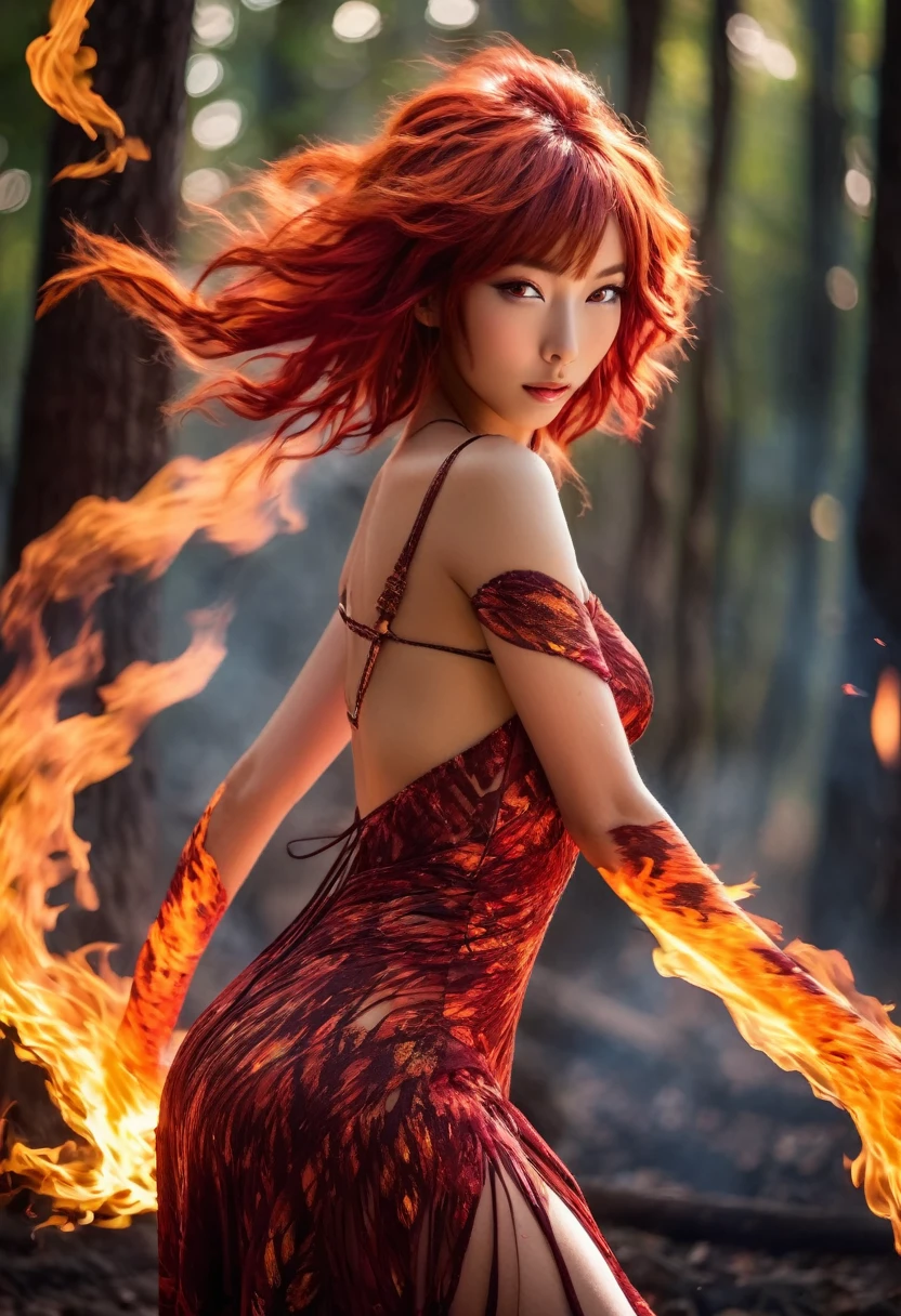 A fire sprite (yuna, cute woman, patches of flame dance on her skin, sheer flaming dress very revealing, light red skin, deep red eyes, flame hair), seductive graceful dance, setting woods aflame
