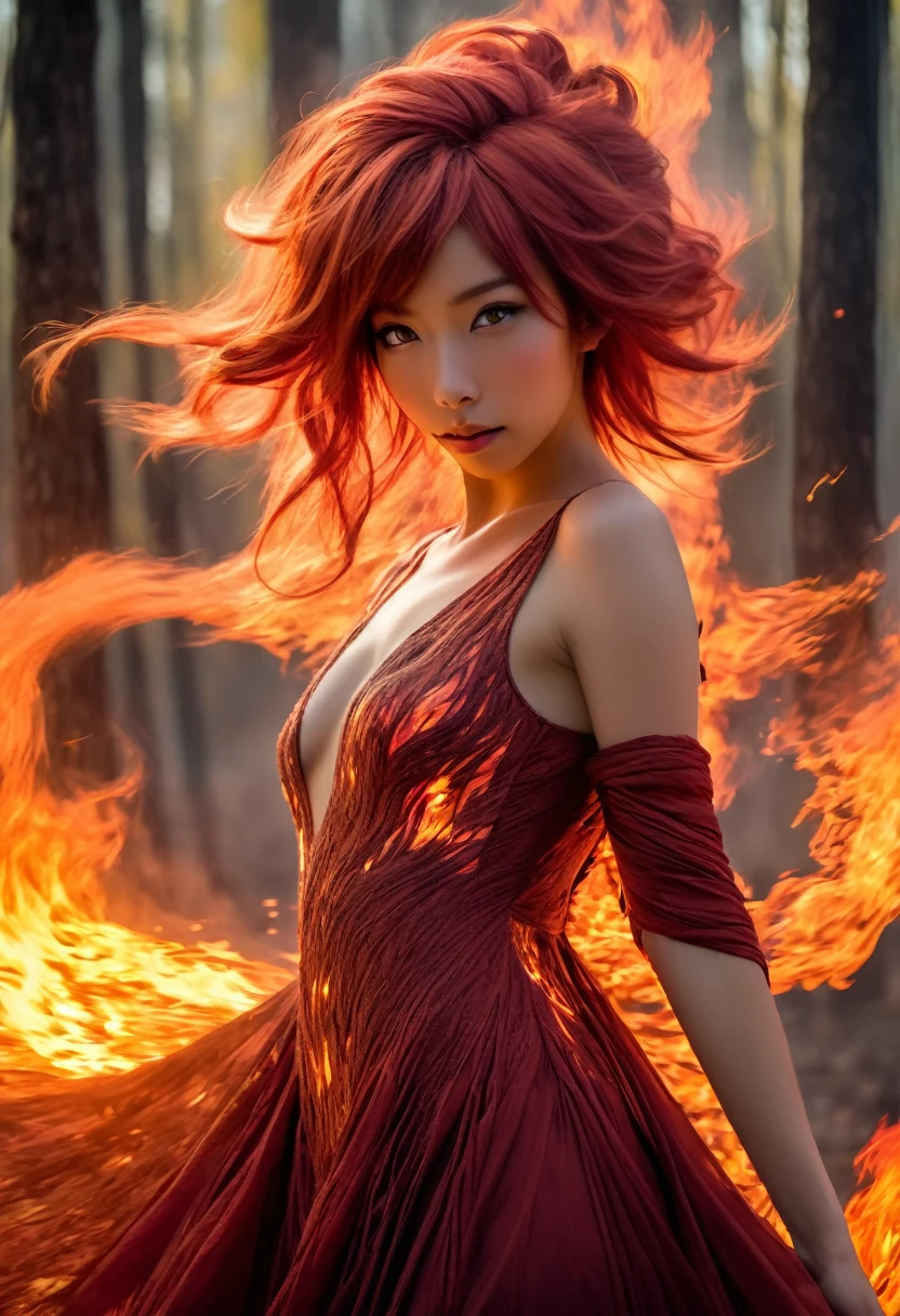 A fire sprite (yuna, cute woman, patches of flame dance on her skin, sheer flaming dress very revealing, light red skin, deep red eyes, flame hair), seductive graceful dance, setting woods aflame