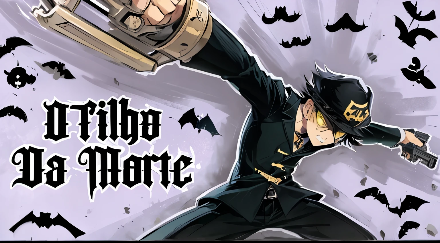 Death the ???, two guns, yellow background, death boy, scary, o filho da morte, bats flying 