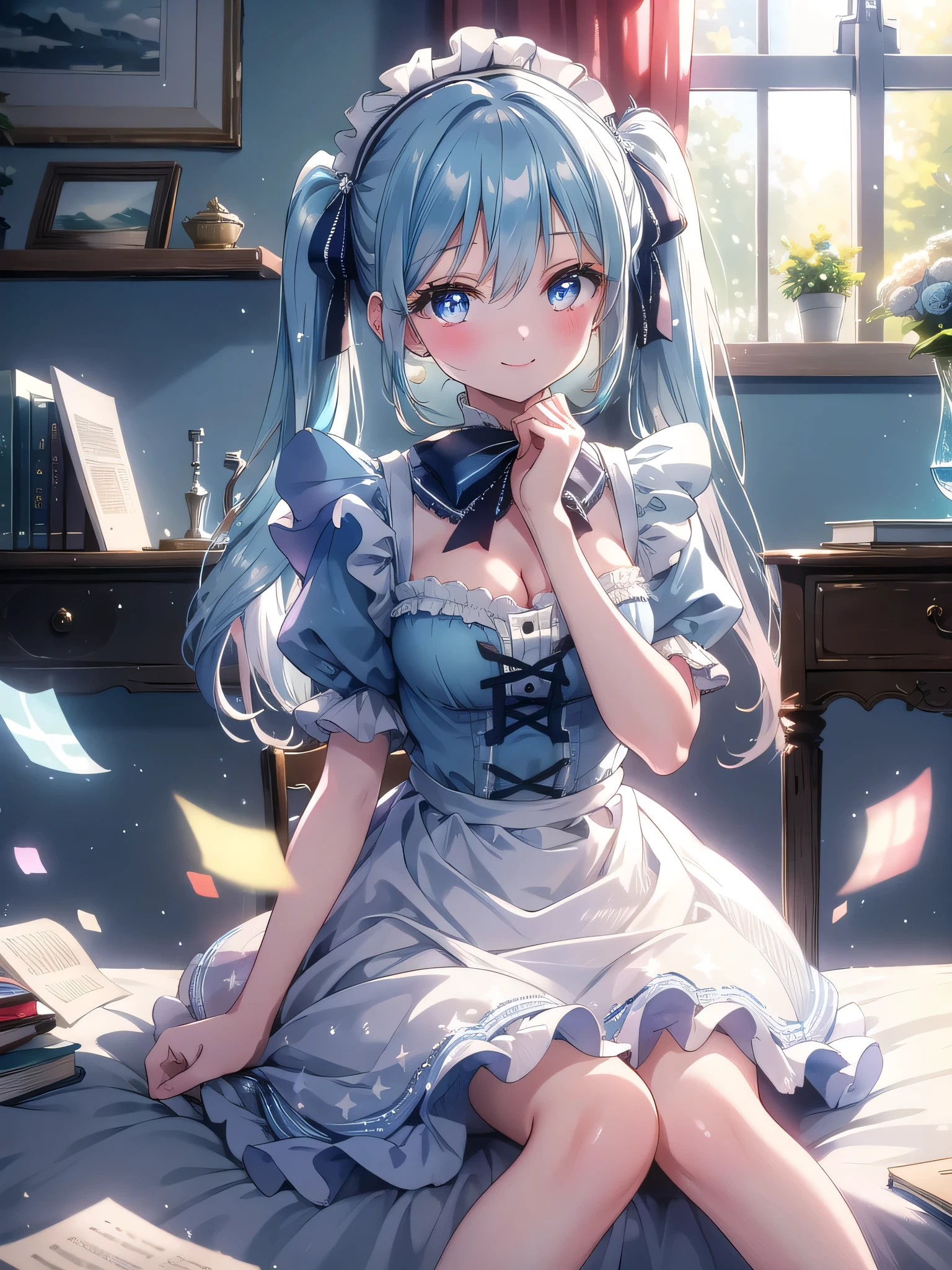 ((8k, Best Quality, Masterpiece: 1.3)), Ultra High Resolution, ( Girl, Solo), (Color Changing Eyes, Ultra Detailed, Expressive Sparkle, Shimmering, Glowing Eyes), Highly Detailed Eyes,In a cozy student’s room filled with the soft glow of afternoon light, a maid with sky-blue twin tails beams joyfully. Her semi-long hair, styled in playful twin tails, gently fades from a vibrant blue to a soft pale blue at the tips, adding a whimsical charm. She wears a navy maid dress with delicate frills and a fitted bodice that tastefully emphasizes her cleavage. The room is simple, with a small bed, a cluttered desk, and books scattered about. She sits playfully on the edge of the bed, one hand resting on her knee, the other gently touching her cheek. Her bright smile and sparkling eyes convey a sense of youthful happiness, creating an inviting and heartwarming scene.