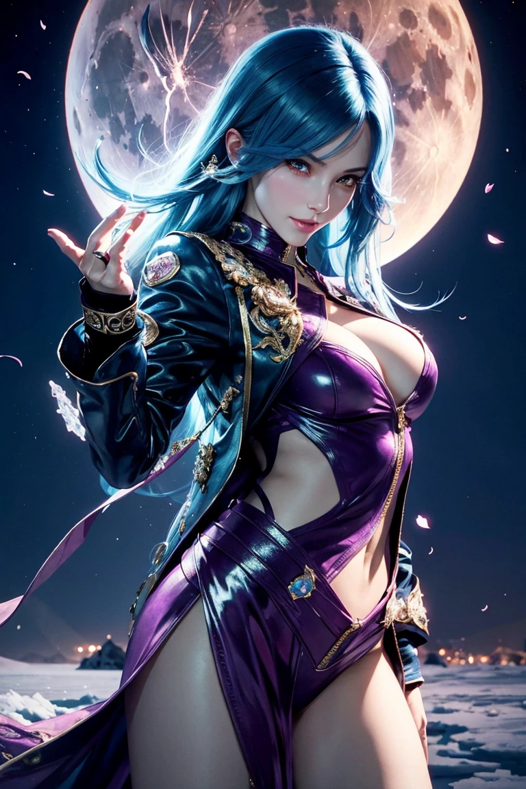 KOF,King of Fighters,Cooler･diamond,woman,Red Eyes,Light Blue Hair,long hair,Purple long jacket,Beautiful white skin,Photorealistic,Ultra HD,high quality,masterpiece,Digital SLR,Detailed details,Intricate details,Anatomical basis,Depicted in detail,A detailed face,Realistic skin texture,Vivid details,Perfect Anatomy,Perfect Anatomy,Anatomically correct hand,Anatomically correct fingers,Super Detail,Complex 3D rendering,Sexy pose,Fantasy worldview,Beautiful pale full moon,,Beautiful night sky,The petals of the ice rose flutter,Picturesque,Pink Lips,smile,