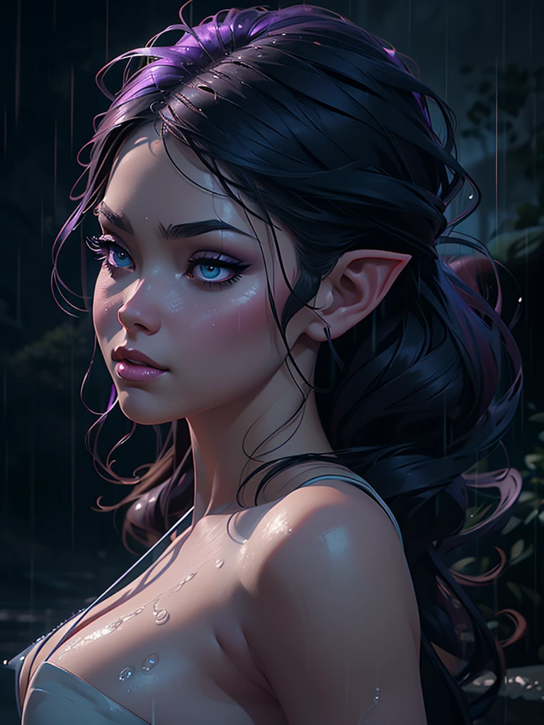 beautiful nude n elf woman in the rain, extremely detailed face and eyes, long eyelashes, detailed lips, elegant pose, wet hair, photorealistic, 8k, studio lighting, dynamic lighting, fantasy art, cinematic, dramatic atmosphere, moody colors, blue and purple tones, rain and mist effects