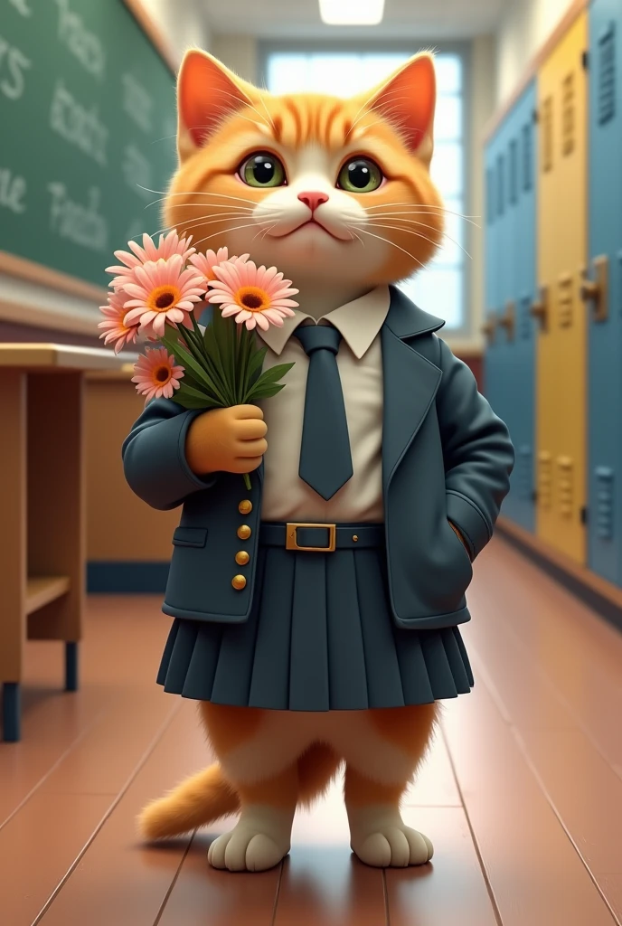 draw me a cat walking in a school uniform holding flowers
