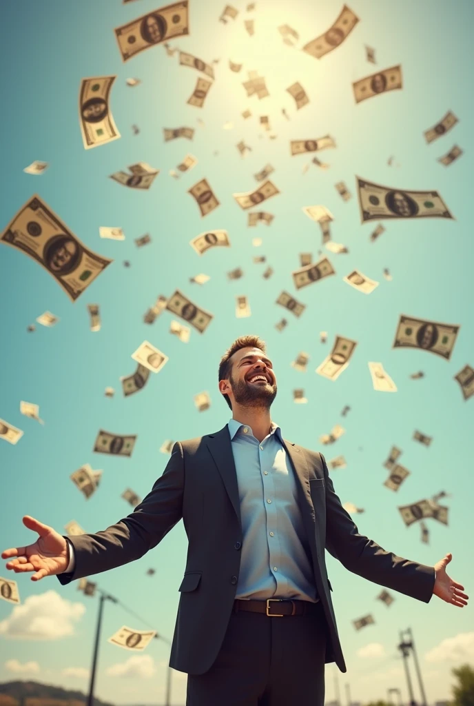 A good-looking businessman smiles happily, looks up, spreads his arms, waits to receive money, with a lot of money falling from the sky.
