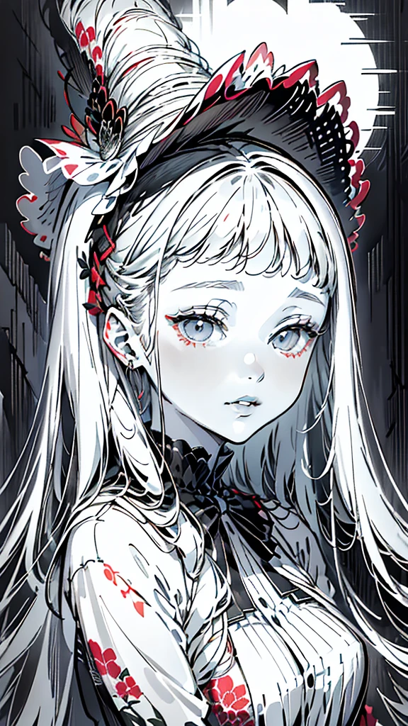 Pencil Art、Line art、Black and white art、(((Lips are red)))、A world in black and white、silence、none、Malaise、Accurate、masterpiece:1.5