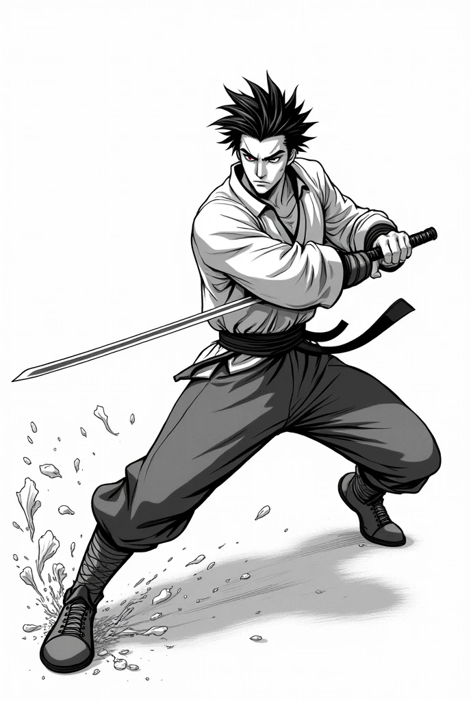 Create a drawing in manga style, humanized and in black and white, of a man with combined facial features of Satoru Gojo and Flynn Rider. The character must be represented in full body, with a confident expression and a dynamic pose. He wears sword fighting style clothing, and make sure to highlight the facial features and hair in manga style to capture the essence of both characters.