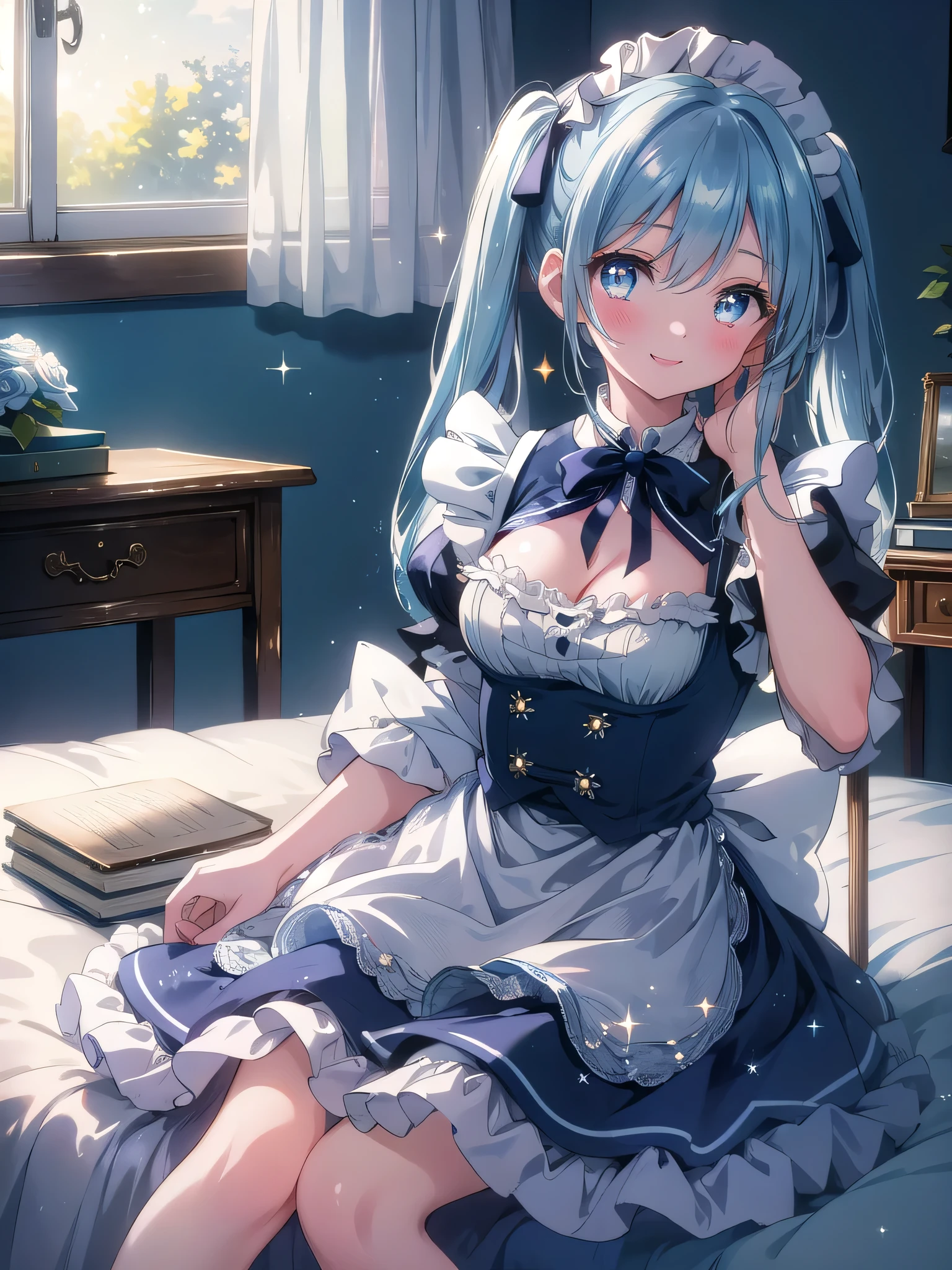 ((8k, Best Quality, Masterpiece: 1.3)), Ultra High Resolution, ( Girl, Solo), (Color Changing Eyes, Ultra Detailed, Expressive Sparkle, Shimmering, Glowing Eyes), Highly Detailed Eyes,In a cozy student’s room filled with the soft glow of afternoon light, a  maid with sky-blue twin tails beams joyfully. Her semi-long hair, styled in playful twin tails, gently fades from a vibrant blue to a soft pale blue at the tips, adding a whimsical charm. She wears a navy maid dress with delicate frills and a fitted bodice that tastefully emphasizes her cleavage. The room is simple, with a small bed, a cluttered desk, and books scattered about. She sits playfully on the edge of the bed, one hand resting on her knee, the other gently touching her cheek. Her bright smile and sparkling eyes convey a sense of youthful happiness, creating an inviting and heartwarming scene.