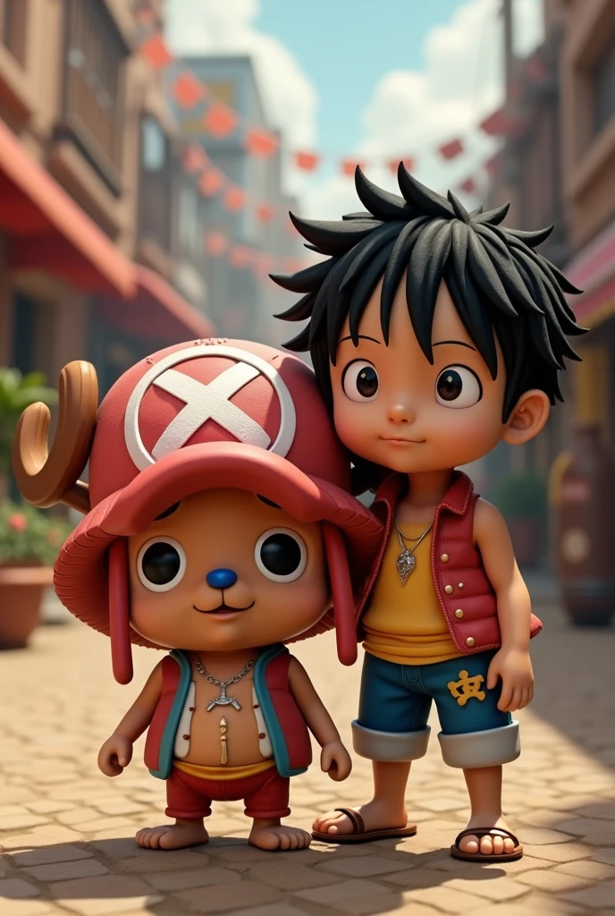(photorealism:1.2), CHOPPER OF ONE PIECE ANIME CUTE, 3D, WITH LUFFY WHO IS IÑAKI GODOY ACTOR IN ONE PIECE LIVE ACTION.