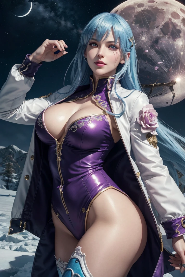 KOF,King of Fighters,Cooler･diamond,woman,Red Eyes,Light Blue Hair,long hair,Purple long jacket,Beautiful white skin,Photorealistic,Ultra HD,high quality,masterpiece,Digital SLR,Detailed details,Intricate details,Anatomical basis,Depicted in detail,A detailed face,Realistic skin texture,Vivid details,Perfect Anatomy,Perfect Anatomy,Anatomically correct hand,Anatomically correct fingers,Super Detail,Complex 3D rendering,Sexy pose,Fantasy worldview,Beautiful pale full moon,,Beautiful night sky,The petals of the ice rose flutter,Picturesque,Pink Lips,smile,