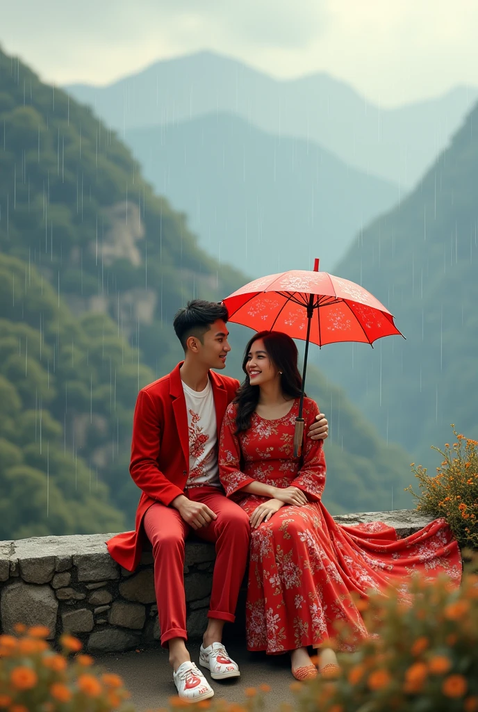 Slowly slowly rain with Ali and waniya enjoy rain with in a mountain and couple are sitting on a big mountain and Ali plug in umbrella unique red flowers design and Ali red dress coat and flowers design t shirt and waniya dress color red flowers design frock and Ali shoe's Red flowers design white and waniya shoe's Red flowers design is white and couple smiling faces in prompts generate
