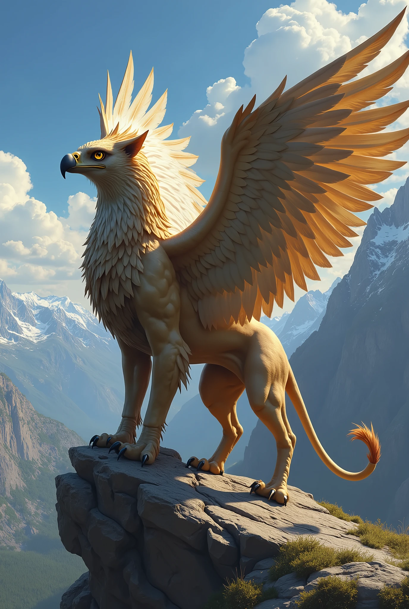 "Imagine a majestic griffin soaring high above a rugged, windswept landscape, its powerful wings beating rhythmically as it glides through the sky. The griffin is a powerful and awe-inspiring creature, a mythical fusion of a lion and an eagle. Its front half is that of a massive eagle, with a proud, sharp-beaked head and piercing, golden eyes that reflect both intelligence and ferocity. The griffin's head is crowned with a tuft of regal feathers, and its curved beak is strong, capable of crushing bones with ease. Its broad, expansive wings are covered in feathers that shimmer in shades of gold and brown, catching the sunlight as they carry the creature effortlessly through the air.

The back half of the griffin is that of a mighty lion, with a muscular, sinewy body covered in sleek, tawny fur. Its strong legs are tucked beneath it as it flies, ending in sharp, retractable claws ready to strike. The griffin's tail is long and sinuous, trailing behind it as it navigates the currents of the wind with grace and power. Every inch of the griffin exudes majesty, embodying the perfect balance between the king of the skies and the king of the beasts.

The griffin's expression is one of unwavering vigilance, its sharp eyes scanning the vast horizon below for any signs of danger or prey. The air around it is filled with the sound of wind rushing past as it soars, the sky above a deep, cloudless blue. Below, a vast, untamed landscape stretches out—snow-capped peaks, dense forests, and rolling plains—its kingdom as far as the eye can see, all under the watchful gaze of this legendary guardian."