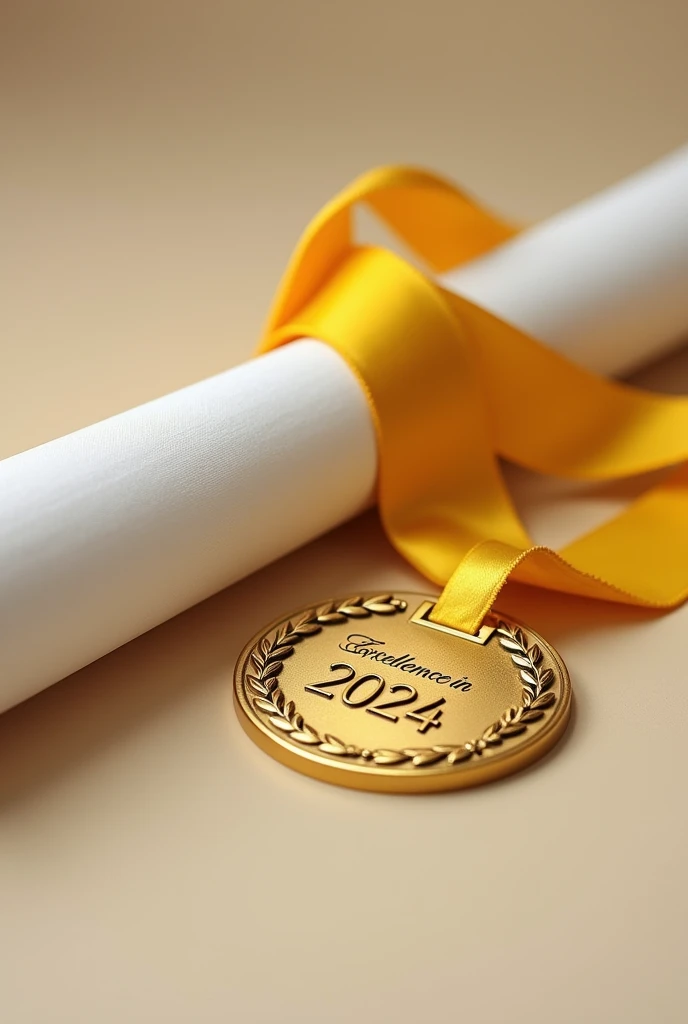 A close up of a post graduate rolled up with a gold yellow color ribbon , placed next to a shining gold medal with the inscription " EXCELLENCE IN EDUCATION "  and the year 2024