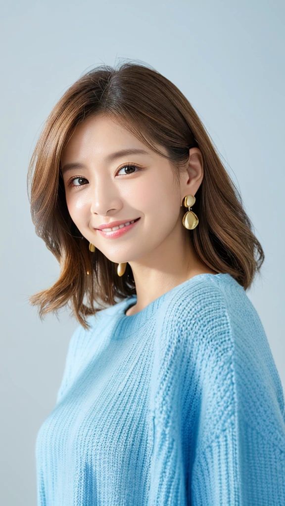 smile, Open your mouth a little, smiling, Odd Eye, Earrings, Medium Hair, Shiny Hair, Wearing a light blue knit、I'm in a cafe