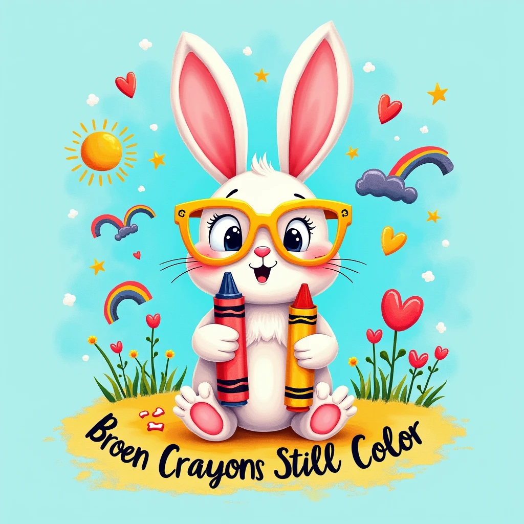 black background,whimsical,playful design with a soft, textured finish.The central illustration is a cute happy rabbit with large, expressive eyes and oversized yellow glasses, holding crayons is break in half.The crushed crayons fell to the ground. Above rabbit, include the title 'Broken Crayons Still Color' in a playful, handwritten font that mimics the look of crayon or chalk. Surround the character with childlike drawings, such as a rainbow, sun, and flowers, set against a sky-blue backdrop.Use a vibrant and cheerful color palette.suitable for printing,balancing the composition to create an inviting and emotionally resonant design