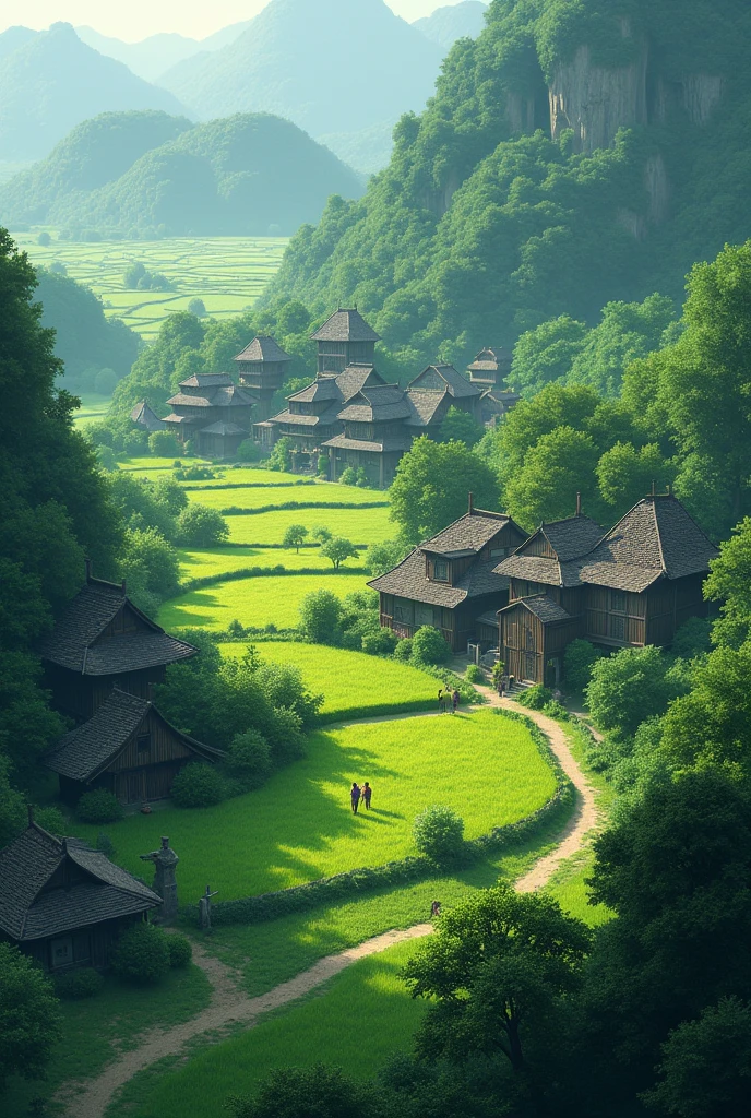 1. **Arjun's Village**: A quaint village surrounded by lush green fields, with traditional houses and a peaceful atmosphere. In the distance, there are hints of shadows and mist to evoke a sense of mystery.