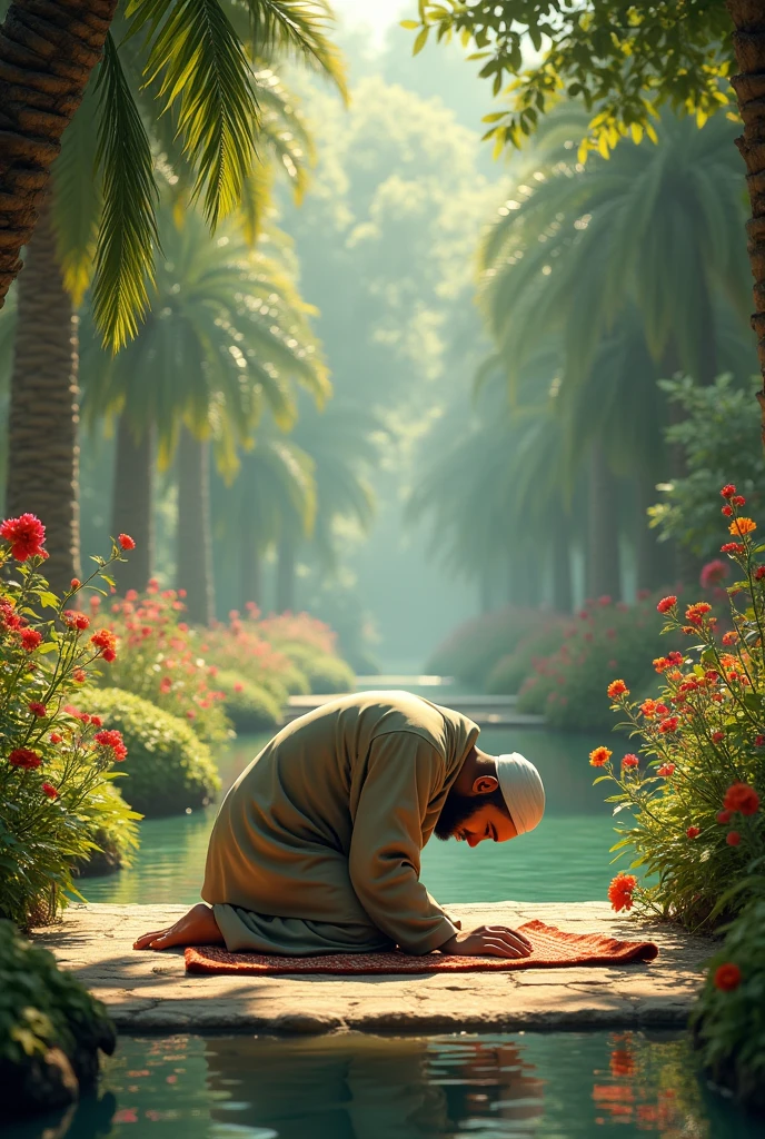 Muslim man prostrating in a beautiful garden with his forehead touching the ground