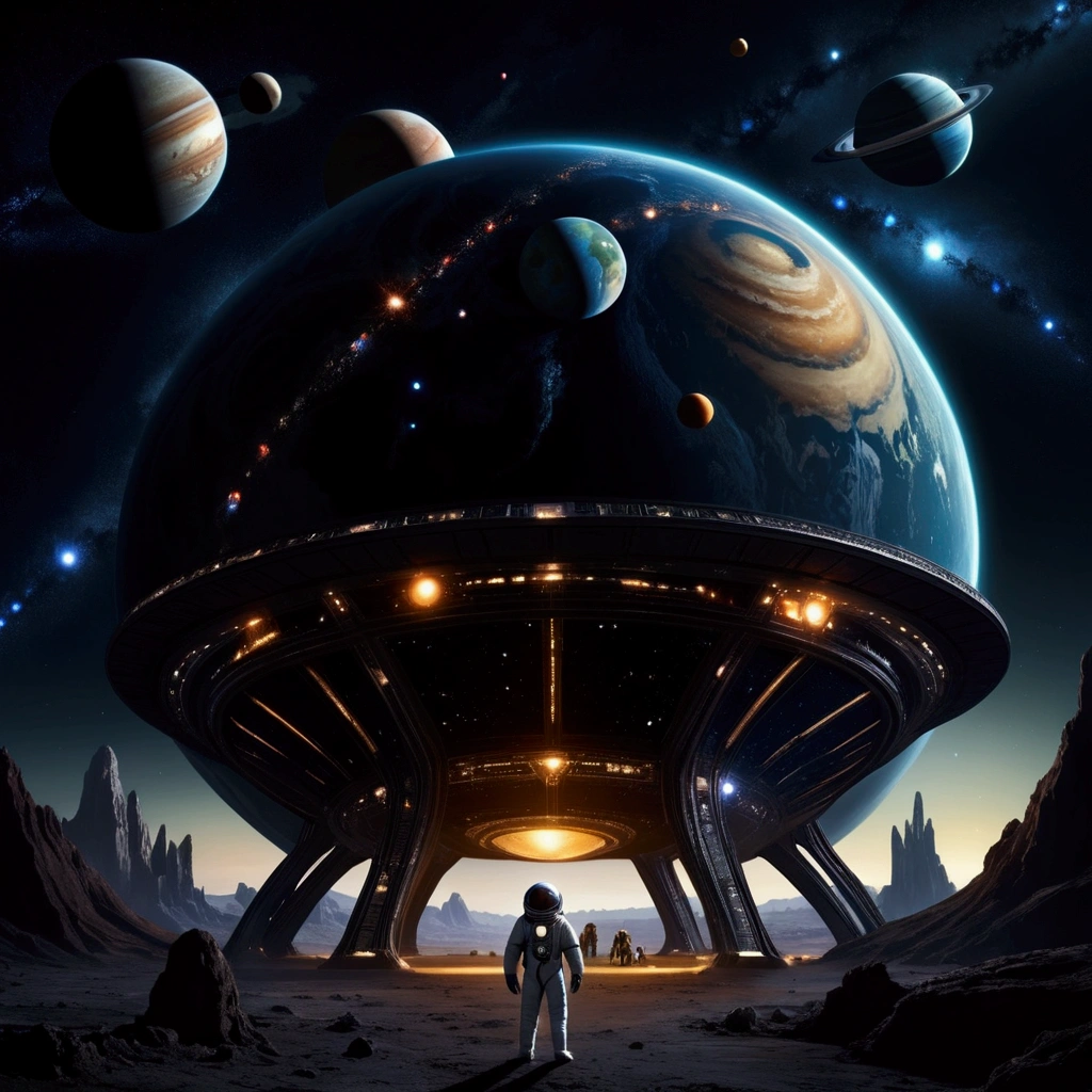 Dark Sky,beauttiful stars,With six planets in the background,Animals in spacesuits,Large alien-like structure,Dungeons,Creatures,The End of the World,icon