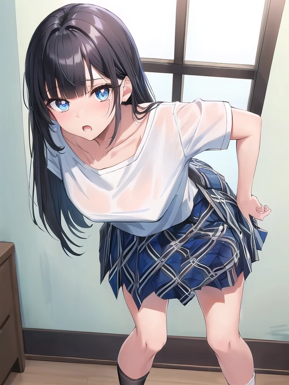 (masterpiece:1.3), (Absurd:1.3), (highest quality:1.3), The Hands of Guido Daniele, (Very detailed:1.3), (Best Shadow:0.7), (Processed Hair), One girl, alone, S1, aizawa ema, , , (small Breasts:0.8), (thick thighs:0.4), (black hair:1.4), Asymmetrical bangs, Blunt bangs, blue eyes, collared shirt, (white shirt:1.4), (tight-fitting shirt:0.8), nipple slip, pleated skirt, (blue plaid skirt:1.4), no bra, (nipple shape:1.0), (white panties:0.4), (black socks:1.4), cute face, panic face, (embarrassed:1.0), in the bed room, beside the bed, standing up, (leaning forward:1.8), (from above:1.6),