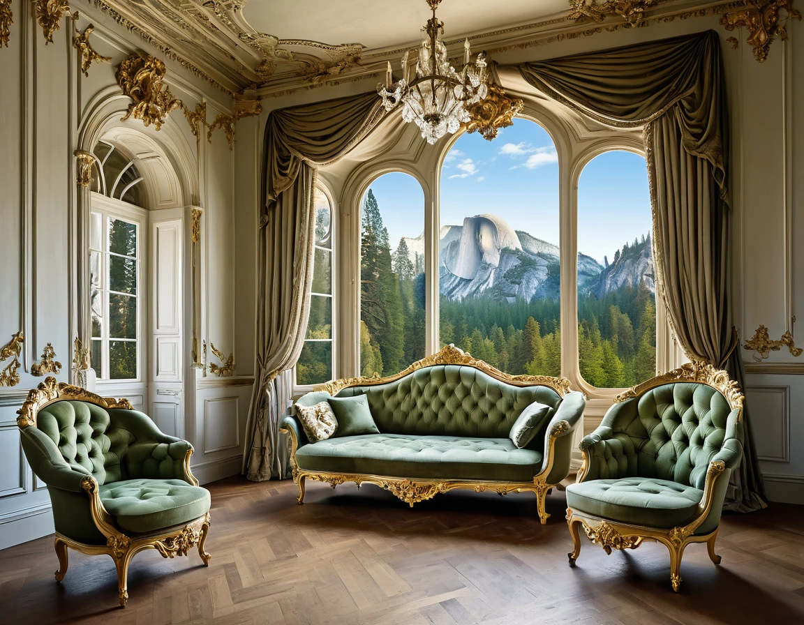 A sofa and a chair in a room with a large window, luxurious baroque rococo setting, Rococo style, ornate retreat, Rococo and Art Nouveau fusion, rococo architecture, ornate furniture, rococo and baroque styles, neo-rococo expressionist style, Rococo and Art Nouveau, Yosemite National Park in the background, exquisitely ornate, rococo baroque, elegant and ornate