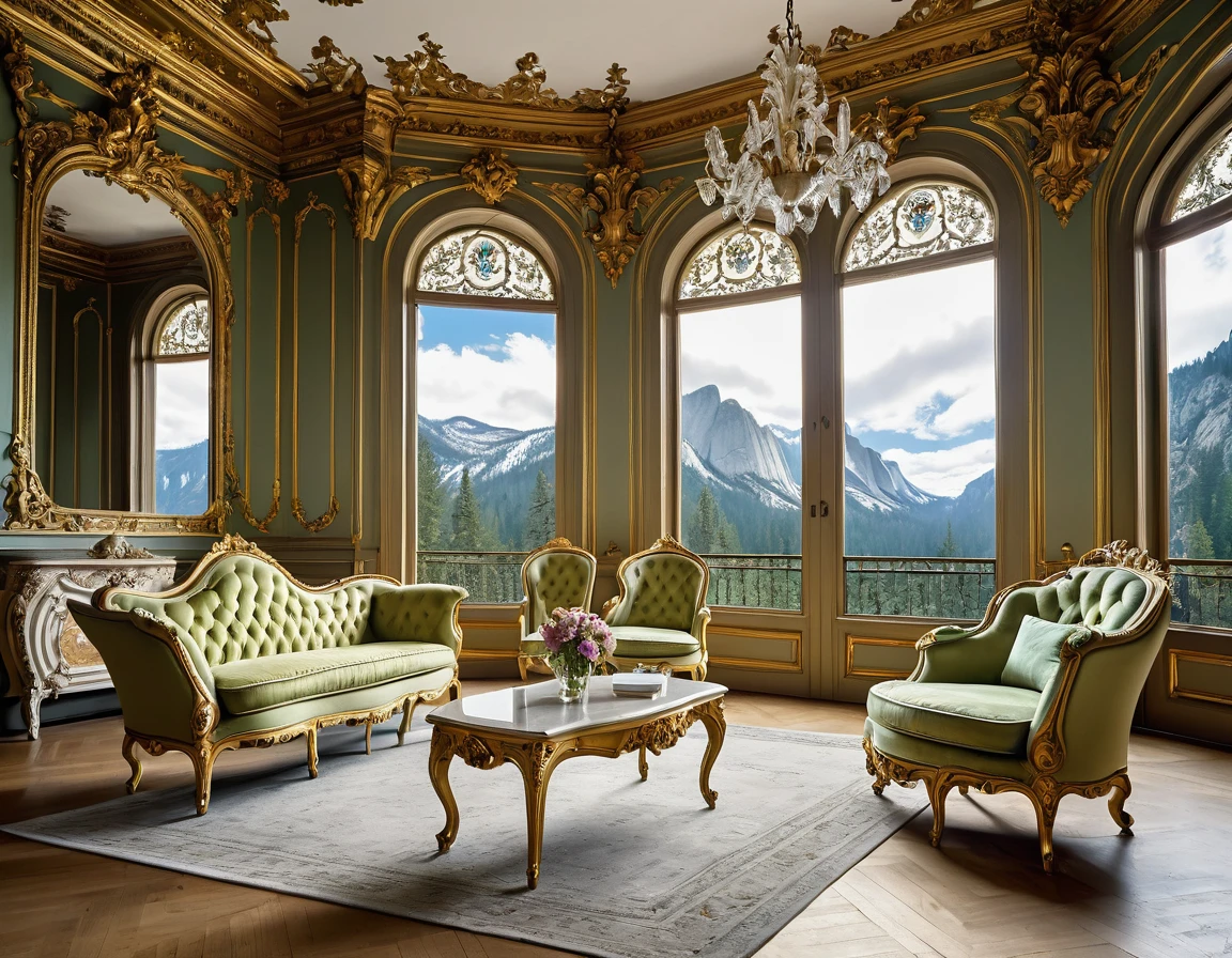 A sofa and a chair in a room with a large window, luxurious baroque rococo setting, Rococo style, ornate retreat, Rococo and Art Nouveau fusion, rococo architecture, ornate furniture, rococo and baroque styles, neo-rococo expressionist style, Rococo and Art Nouveau, Yosemite National Park in the background, exquisitely ornate, rococo baroque, elegant and ornate