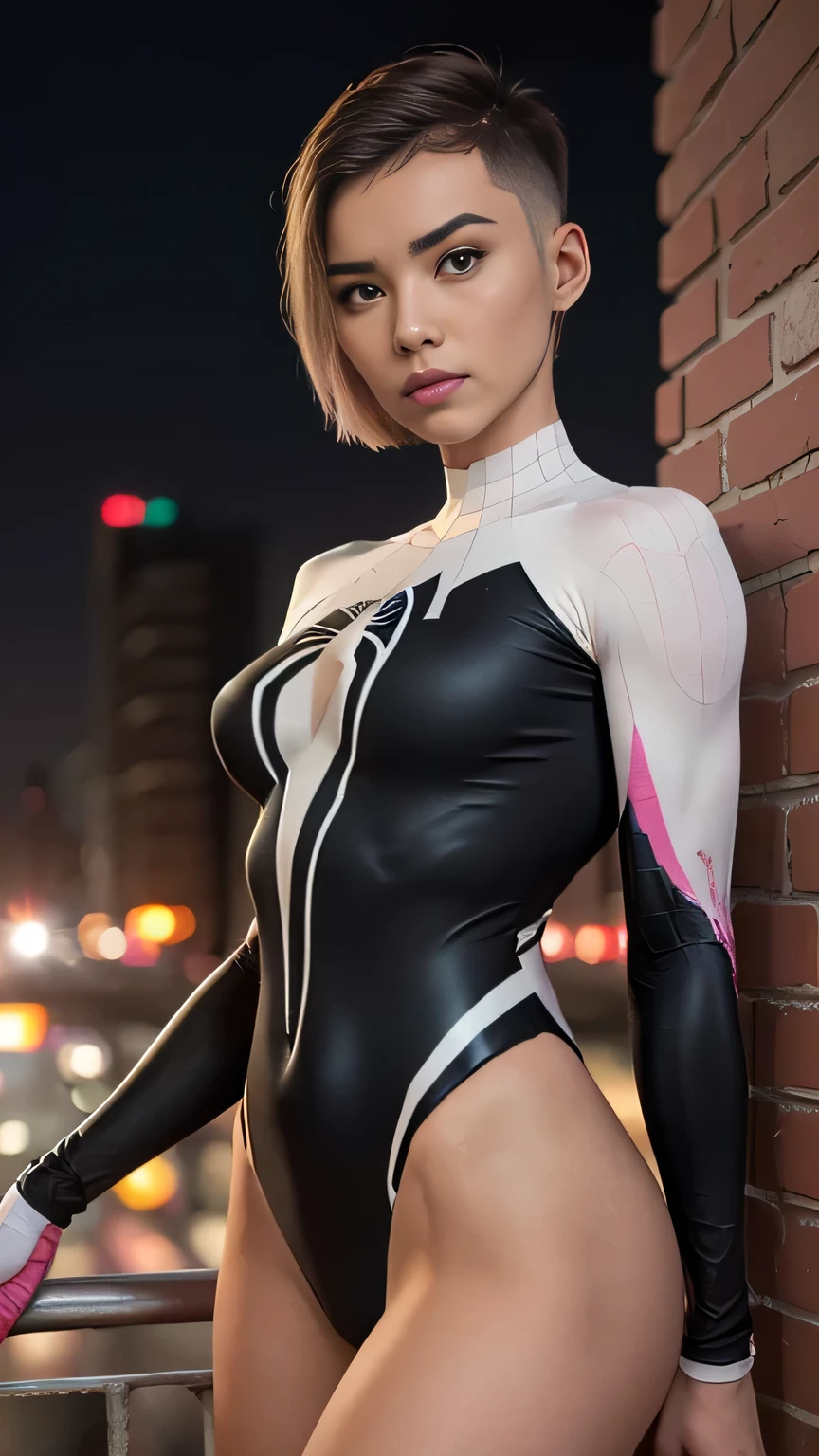 photo of mlp Meowko, RAW, beautiful woman, ((portrait)), ((detailed face:1.2)), ((anime face, anime facial feature, clear skin, glossy anime lips, clear skin), (short messy lesbian haircut, brunette: 1.55), (perfect proportioned body, Strong, muscular, narrow waist, narrow hips, skinny, massive breasts), (she is wearing a spider Gwen Stacy cosplay, Spider Gwen, spandex body suit, black white and pink, webs), flashing lights, brick walls, dark atmosphere, New York, rooftop, (realistic photo, best quality, detailed), (8k wallpaper), (cinematic lighting, beautiful light, (night:1.3)) (sharp focus, intricate)