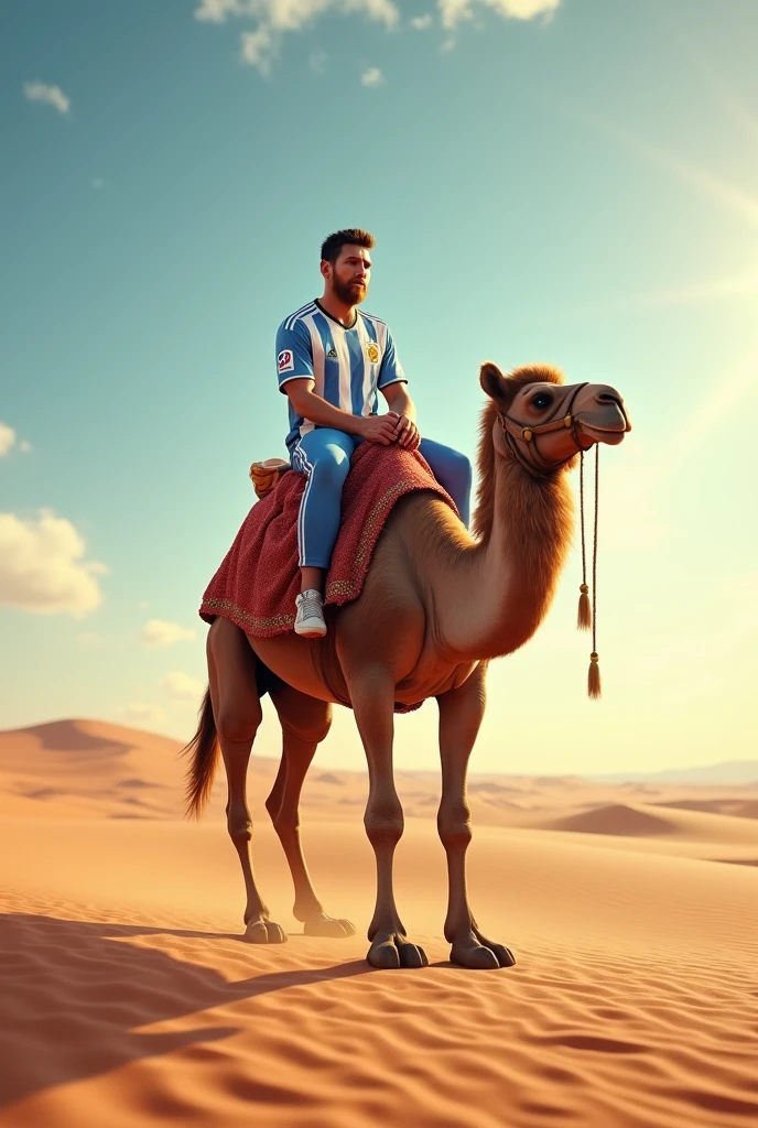 Messi is sitting up a camel in a desert