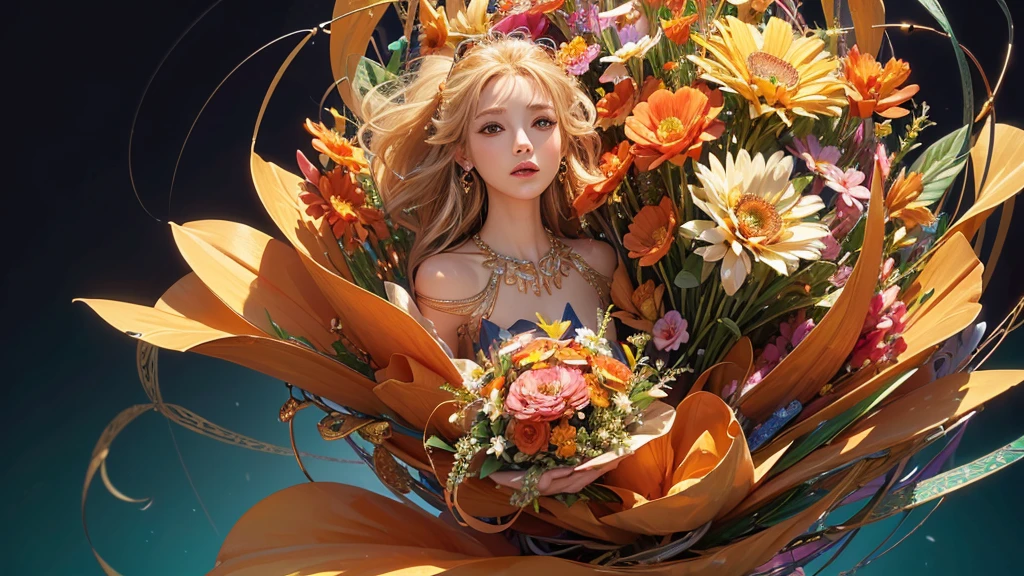 32K, 最高quality, 最高masterpiece, (ultra-Detailed Background, Detailed Background), High resolution, Super detailed, Very detailedな, 1 personの, (bouquet:1.3), (Tangled:1.2), (Geometric:1.2),(colorful),(masterpiece, quality, best quality, Official Art, Beautiful and beautiful:1.2), (1 person:1.3), Very detailed,(colorful:1.1)(Flowers:1.3),Most detailed,(Tangled:1.2), whole body, (Abstract background:1.3), (Skin glows), (Many colors:1.4), ,(Earrings Jewelry:1.5), Pale Orange Background, It's imaginative., Flaxen Hair,