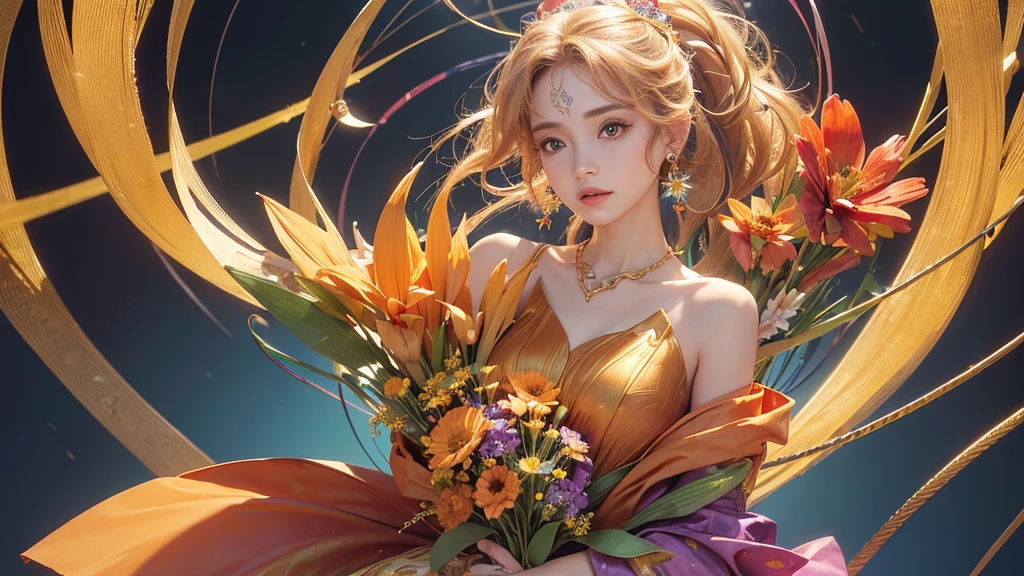 32K, 最高quality, 最高masterpiece, (ultra-Detailed Background, Detailed Background), High resolution, Super detailed, Very detailedな, 1 personの, (bouquet:1.3), (Tangled:1.2), (Geometric:1.2),(colorful),(masterpiece, quality, best quality, Official Art, Beautiful and beautiful:1.2), (1 person:1.3), Very detailed,(colorful:1.1)(Flowers:1.3),Most detailed,(Tangled:1.2), whole body, (Abstract background:1.3), (Skin glows), (Many colors:1.4), ,(Earrings Jewelry:1.5), Pale Orange Background, It's imaginative., Flaxen Hair,