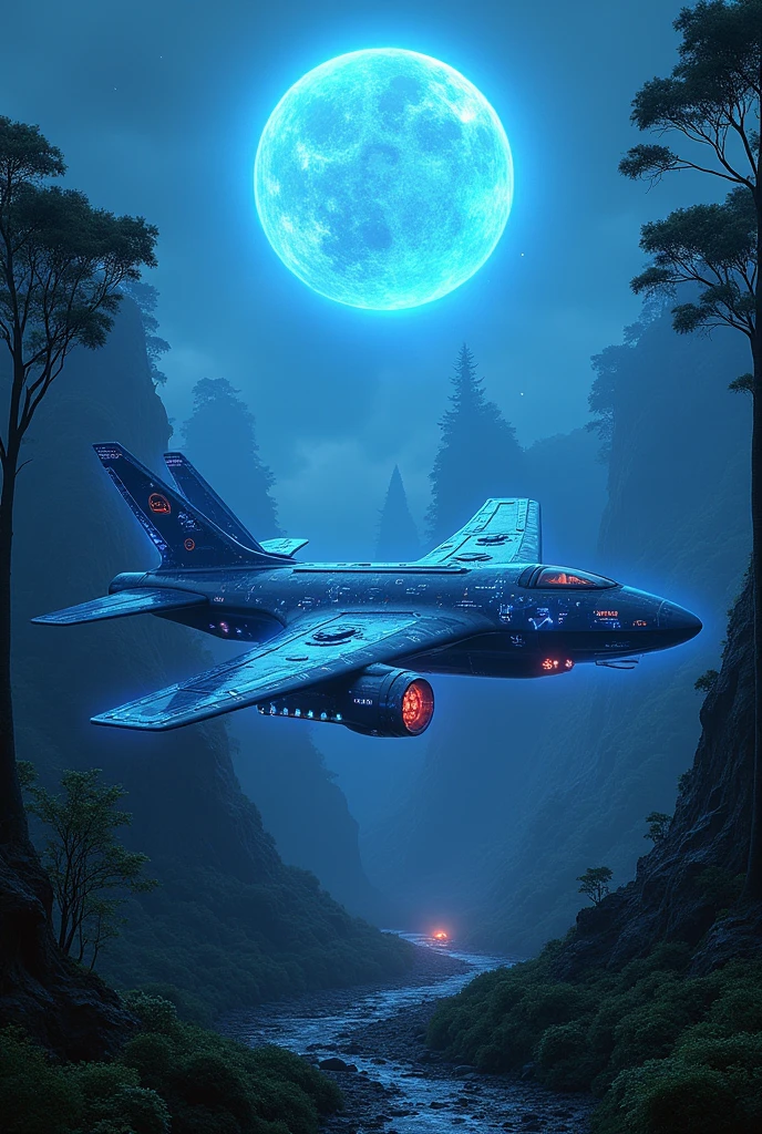 (photorbig Blue color fighter plane shaped mansion alien solar system in the middle of the forest at night