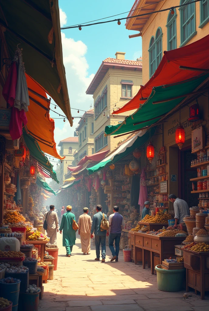 "Create an image of a small shop in Shah Alam Market, LAHORE, ,bustling with activity. The shop should display various goods and have a sign indicating its expansion. Include a backdrop of the market with shoppers and vendors, capturing the essence of a vibrant trading environment."