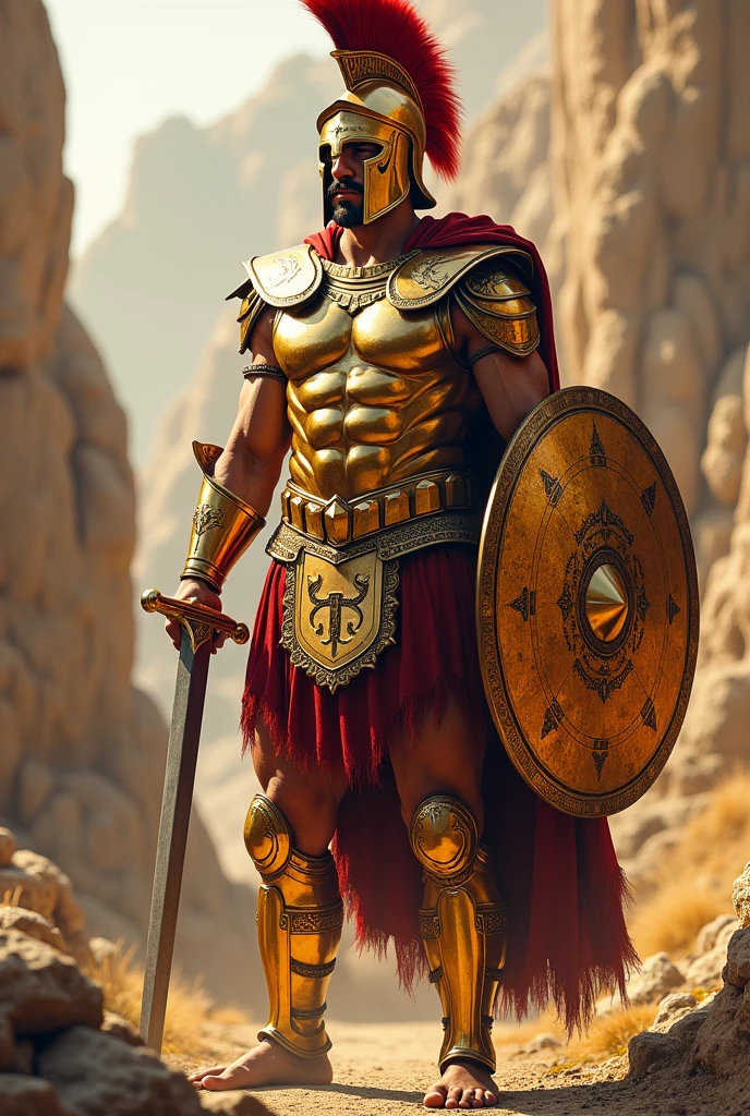 create me a Spartan from Greek mythology with his golden armor