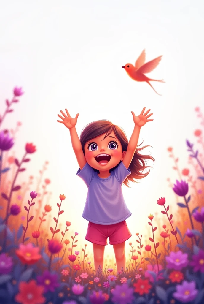 up side white,down side purple shade,blooming beautiful flowers,little bird flying up,cute baby girl raise hands,she smiling,she exciting