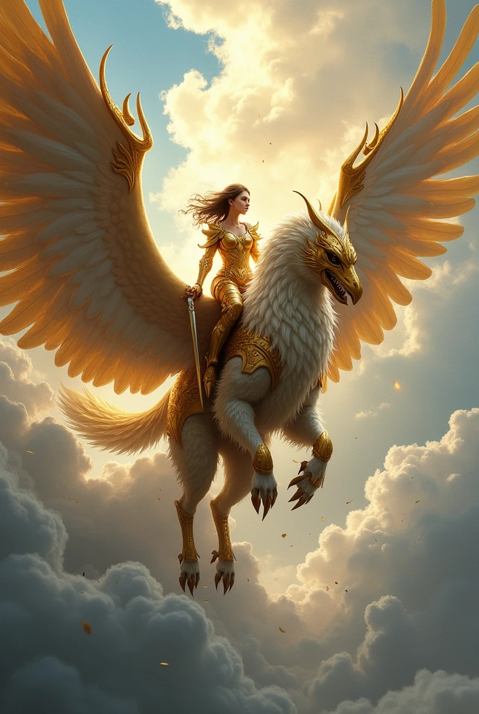 Large Scale Painting, Griffin in Shining Golden Armor, Sexy Girl Riding a Griffin in Armor and Sword in Hand Flying in the Sky in the Clouds, sparkles, wind, the view is breathtaking, the majestic Griffin and the Heroine Girl, sparkles Пыльца, An unforgettable view,The Aspiration to Soar,