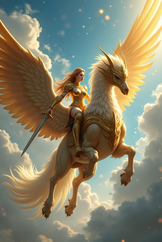 Large Scale Painting, Griffin in Shining Golden Armor, Sexy Girl Riding a Griffin in Armor and Sword in Hand Flying in the Sky in the Clouds, sparkles, wind, the view is breathtaking, the majestic Griffin and the Heroine Girl, sparkles Пыльца, An unforgettable view,The Aspiration to Soar,
