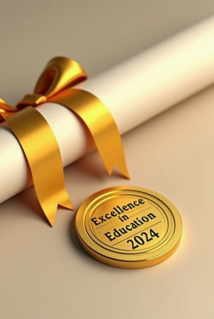 A close up of a post graduate rolled up with a gold yellow color ribbon , placed next to a shining gold medal with the inscription "EXCELLENCE IN EDUCATION"and the year 2024