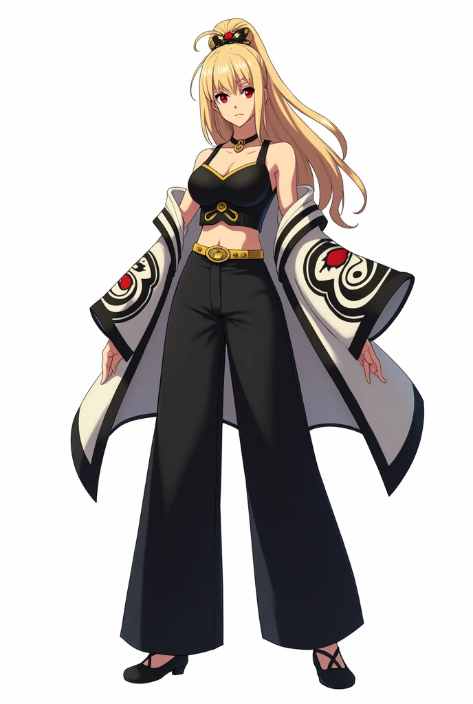 draw in anime style in full growth on a white background: a tall woman with blond hair, bangs in 2 sides, and a high ponytail. She wears a black tank top with gold detailing, and on top of the tank top is a white haori with wide sleeves with black, white and red peacock feather detailing. She is also wearing black wide pants and black shoes. She also has a hairpin with a black, white and red peacock feather on her head. Her eyes are red and not big. Make her expression serious or in a dynamic pose. Her clothing must have black, white and red peacock feather details in it