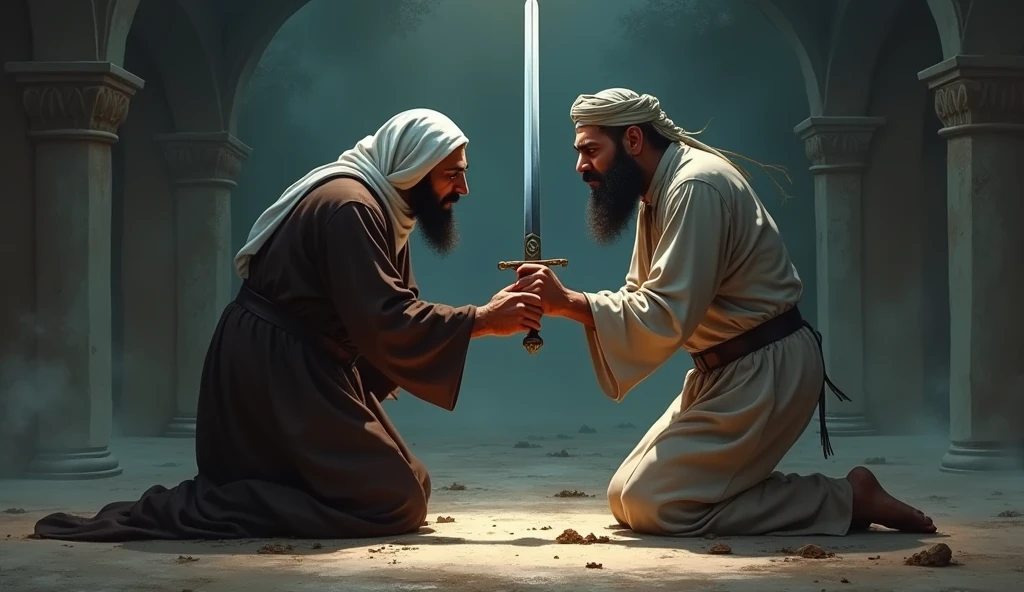 Animated image of a Muslim man placing a sword on the neck of a Muslim man lying helplessly